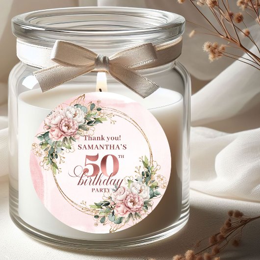Blush Pink Floral Rose Gold 50th Birthday Stickers ラウンドシール