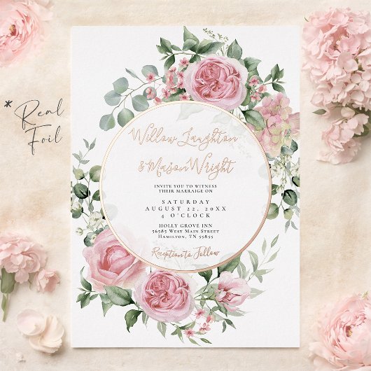 Blush Pink Floral Rose Gold Watercolor Wedding 箔招待状