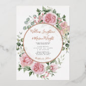 Blush Pink Floral Rose Gold Watercolor Wedding 箔招待状 (正面)