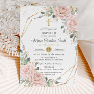Blush Pink Floral Roses Gold Cross Baptism  招待状
