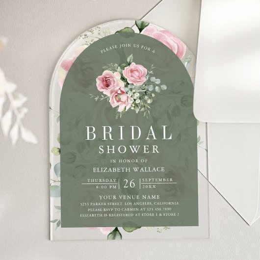 Blush Pink Floral Sage Green Bridal Shower アクリル招待状