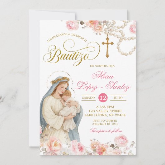 Blush Pink Floral Virgin Mary Bautizo Invitacion 招待状 (正面)