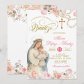 Blush Pink Floral Virgin Mary Bautizo Invitacion 招待状 (正面/裏面)
