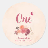 Blush Pink Floral Watercolor One First Birthday  ラウンドシール (正面)