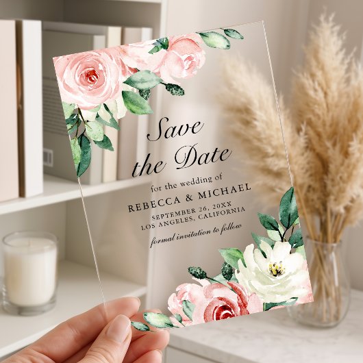 Blush Pink Floral Wedding Save the Date アクリル招待状