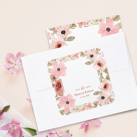 Blush Pink Floral Wedding Thank You Favor スクエアシール