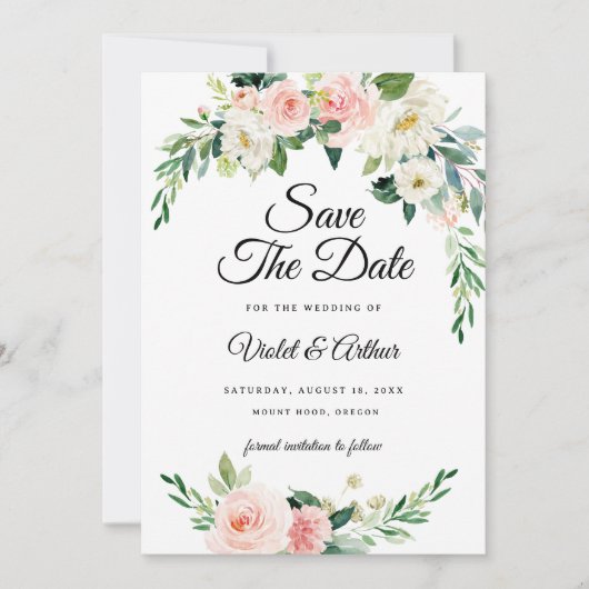Blush Pink Floral Wreath Wedding Save The Date  招待状 (正面)