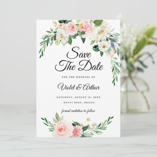 Blush Pink Floral Wreath Wedding Save The Date  招待状 (スタンド正面)