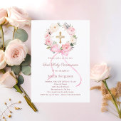 Blush pink florals bow cross First Communion 招待状