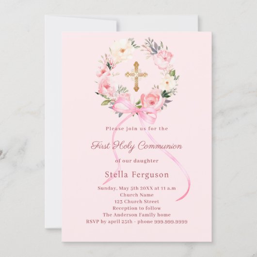 Blush pink florals bow cross First Communion 招待状 (正面)