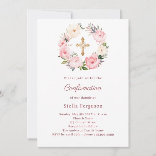 Blush pink florals cross Confirmation 招待状 (正面)