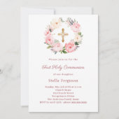 Blush pink florals cross First Communion 招待状 (正面)