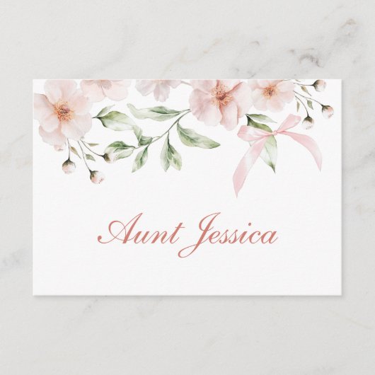 Blush Pink Flowers and Bow Flat Place Card (正面)