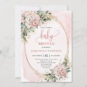 Blush Pink Flowers Eucalyptus Baby Girl Invite 招待状 (正面)