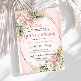 Blush Pink Flowers Eucalyptus Quinceañera Invite 招待状
