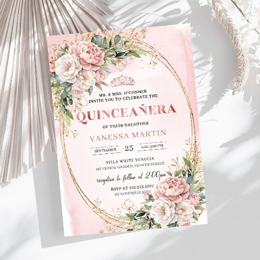 Blush Pink Flowers Eucalyptus Quinceañera Invite 招待状