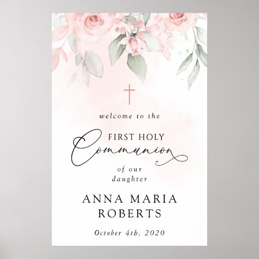 Blush Pink Flowers, First Holy Communion Welcome ポスター (正面)