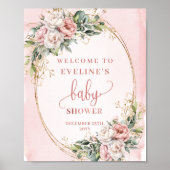 Blush Pink Flowers Gold Glitter Welcome Baby Sign ポスター (正面)