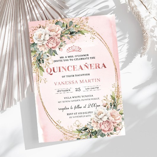 Blush Pink Flowers Greenery 15th Birthday Party   招待状