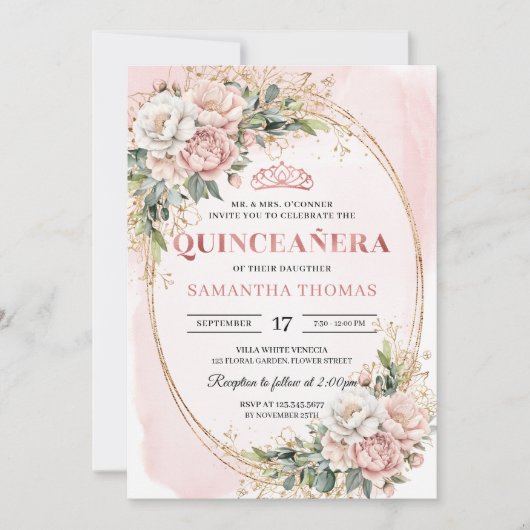 Blush Pink Flowers Greenery 15th Birthday Party 招待状 (正面)