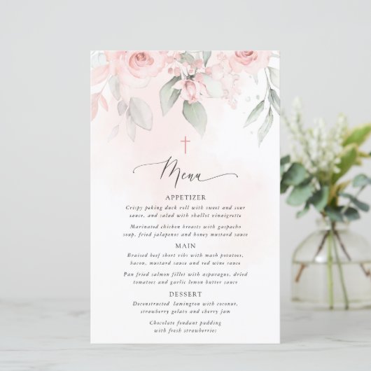 Blush Pink Flowers, Greenery, Boho, Baptism Menu (スタンド正面)