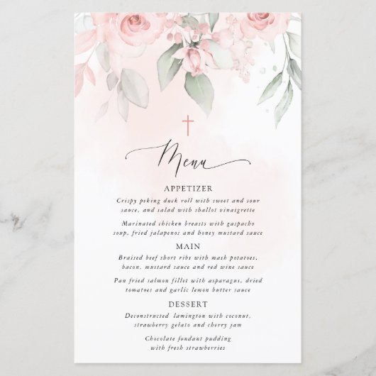 Blush Pink Flowers, Greenery, Boho, Baptism Menu (正面)