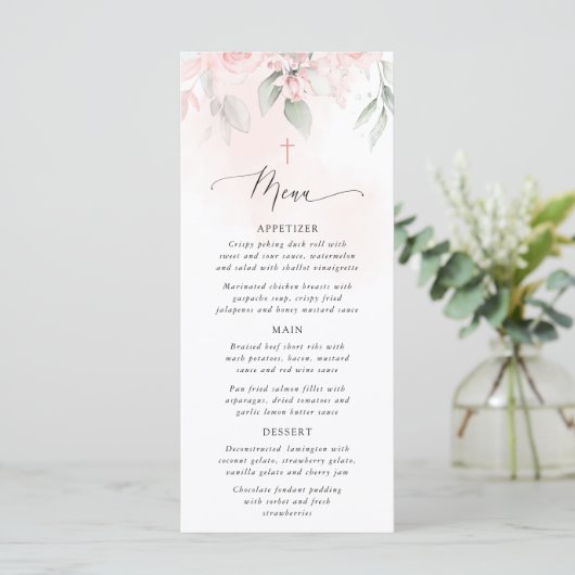 Blush Pink Flowers, Greenery, Boho, Baptism Menu メニュー (スタンド正面)