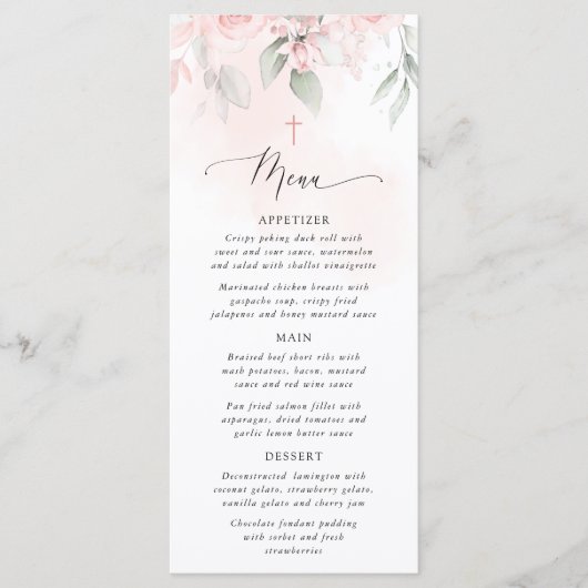 Blush Pink Flowers, Greenery, Boho, Baptism Menu メニュー (正面)