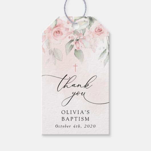 Blush Pink Flowers, Greenery, Boho, Floral Baptism ギフトタグ (正面)