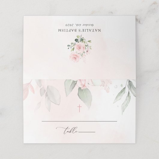 Blush Pink Flowers, Greenery, Boho, Floral Baptism プレイスカード (外部開封)