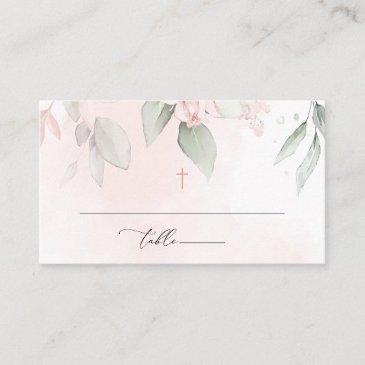 Blush Pink Flowers, Greenery, Boho, Floral Baptism プレイスカード (正面)