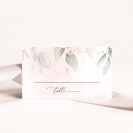 Blush Pink Flowers, Greenery, Boho, Floral Baptism プレイスカード