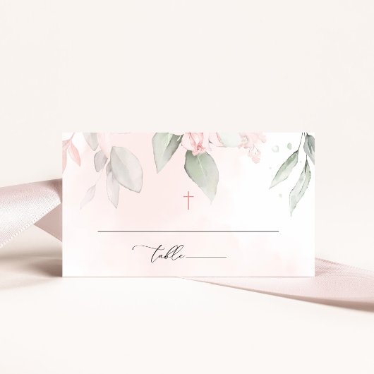 Blush Pink Flowers, Greenery, Boho, Floral Baptism プレイスカード