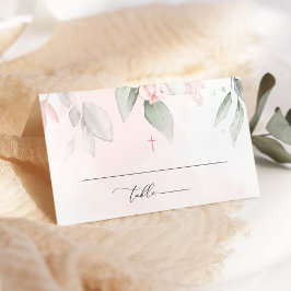 Blush Pink Flowers, Greenery, Boho, Floral Baptism プレイスカード