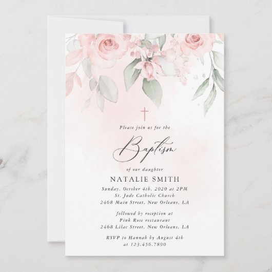 Blush Pink Flowers, Greenery, Boho, Floral Baptism 招待状 (正面)