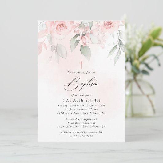 Blush Pink Flowers, Greenery, Boho, Floral Baptism 招待状 (スタンド正面)
