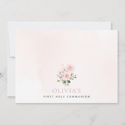 Blush Pink Flowers, Greenery, First Holy Communion 招待状 (裏面)