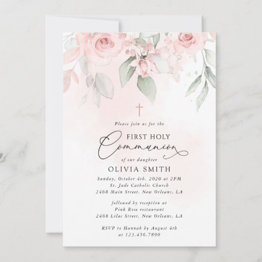 Blush Pink Flowers, Greenery, First Holy Communion 招待状 (正面)