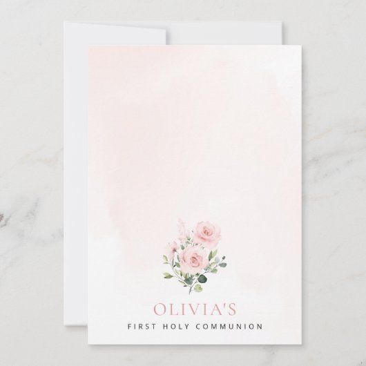 Blush Pink Flowers, Greenery, First Holy Communion 招待状 (裏面)