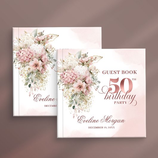 Blush Pink Flowers Rose Gold 50th Birthday Party  ゲストブック