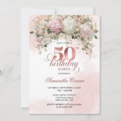 Blush Pink Flowers Rose Gold 50th Birthday Party  招待状 (正面)
