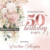 Blush Pink Flowers Rose Gold 50th Birthday Party  招待状