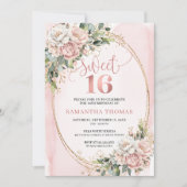 Blush Pink Flowers with Greenery Sweet Sixteen  招待状 (正面)