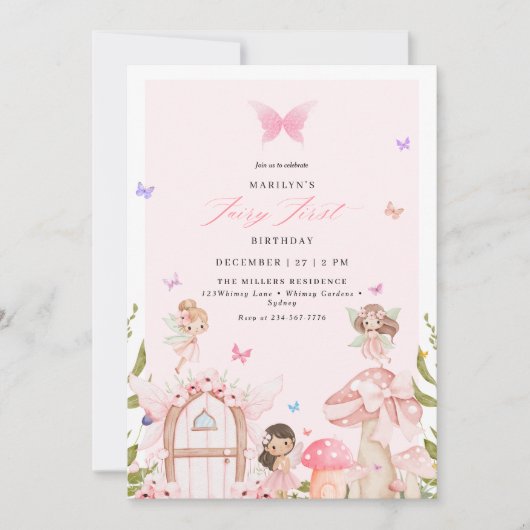 Blush Pink Forest Butterflies Fairy First Birthday 招待状 (正面)