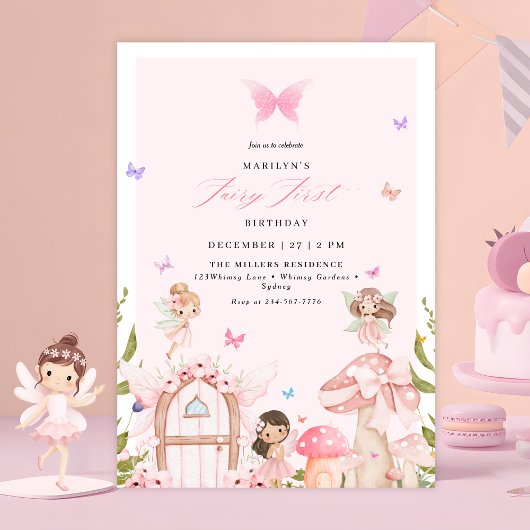 Blush Pink Forest Butterflies Fairy First Birthday 招待状