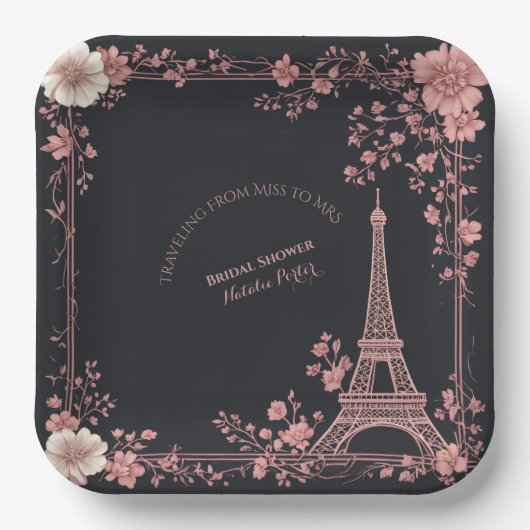 Blush Pink French Miss to Mrs Bridal Shower Paris  ペーパープレート (正面)