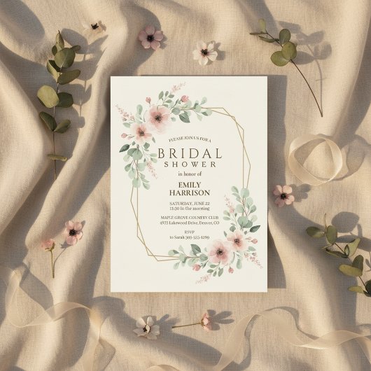 Blush Pink Geometric Bridal Shower Gold Hexagon 招待状