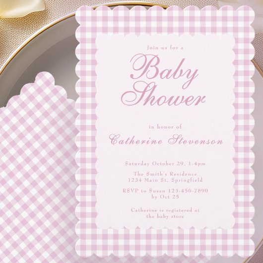 Blush Pink Gingham Baby Shower Invitation 招待状