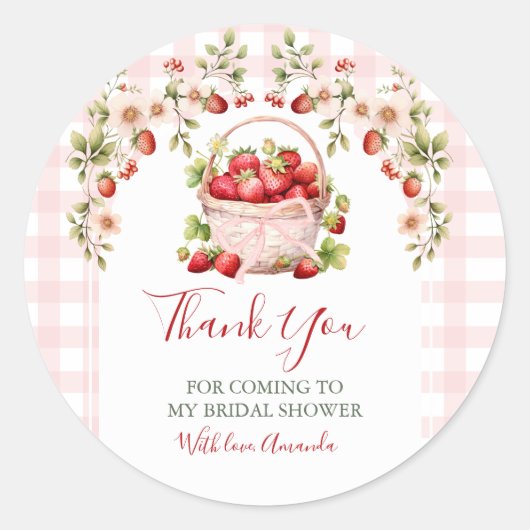 Blush Pink Gingham Berry in love Bridal Shower ラウンドシール (正面)