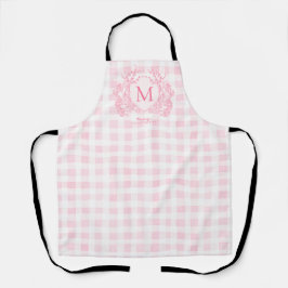 Blush Pink Gingham Floral Crest Monogram エプロン